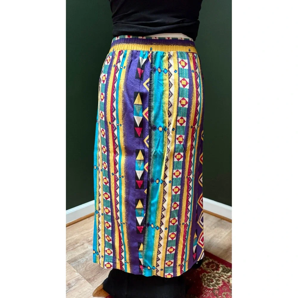 Vintage Button Front Colorful Print Elastic‎ Waist Midi Skirt